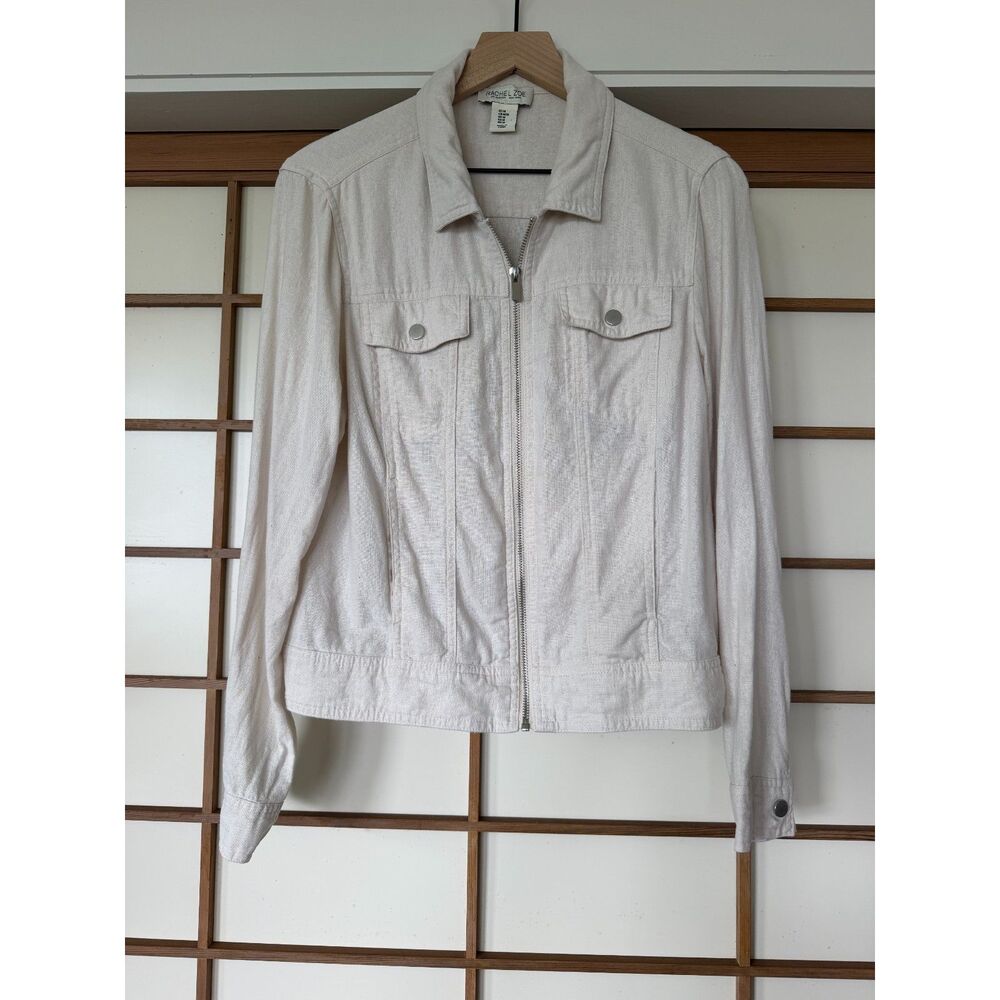 Rachel Zoe Cream Linen Blend Zip Front Utility Trucker Jacket Medium